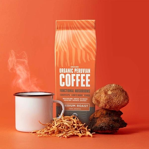 Mushroom coffee packaging and a coffee cup