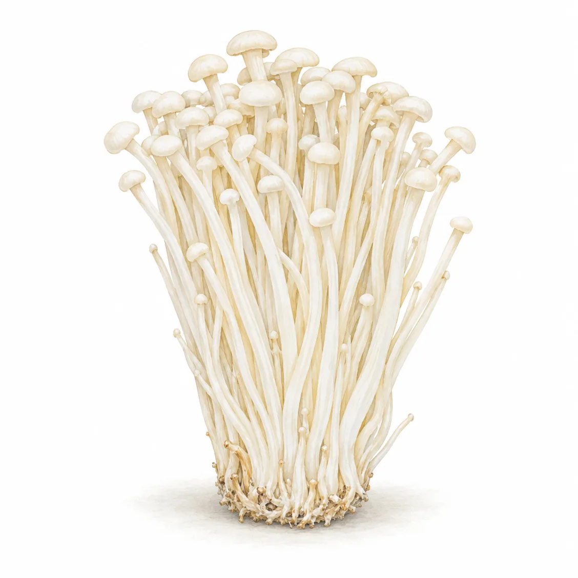 Botanical illustration of cultivated Enoki, not a batch photograph